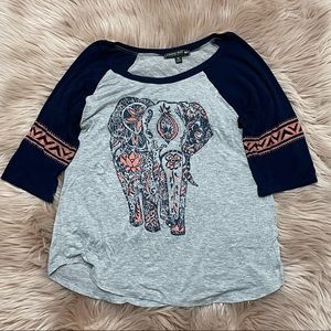 Sz Md Gray Jersey Style Top w/ Navy Blue Trim, Sleeves, & Elephant 🐘